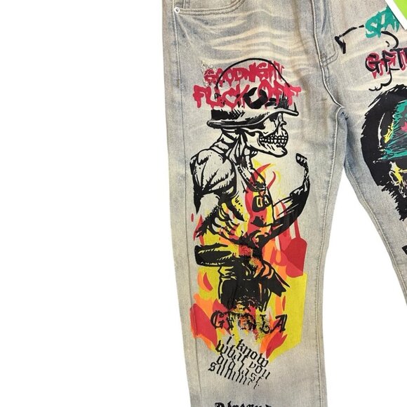 Fashion Skull Punk Rocker Graffiti Distressed Jeans D'Andijieshen SIZE 30 NWT - Picture 4 of 5
